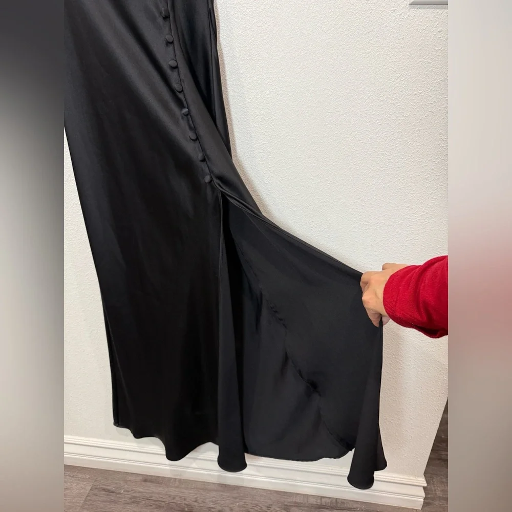 ZARA Black Satin Wrap Midi Dress XS | Side Button Slip Dress Elegant Minimalist - Picture 7 of 8